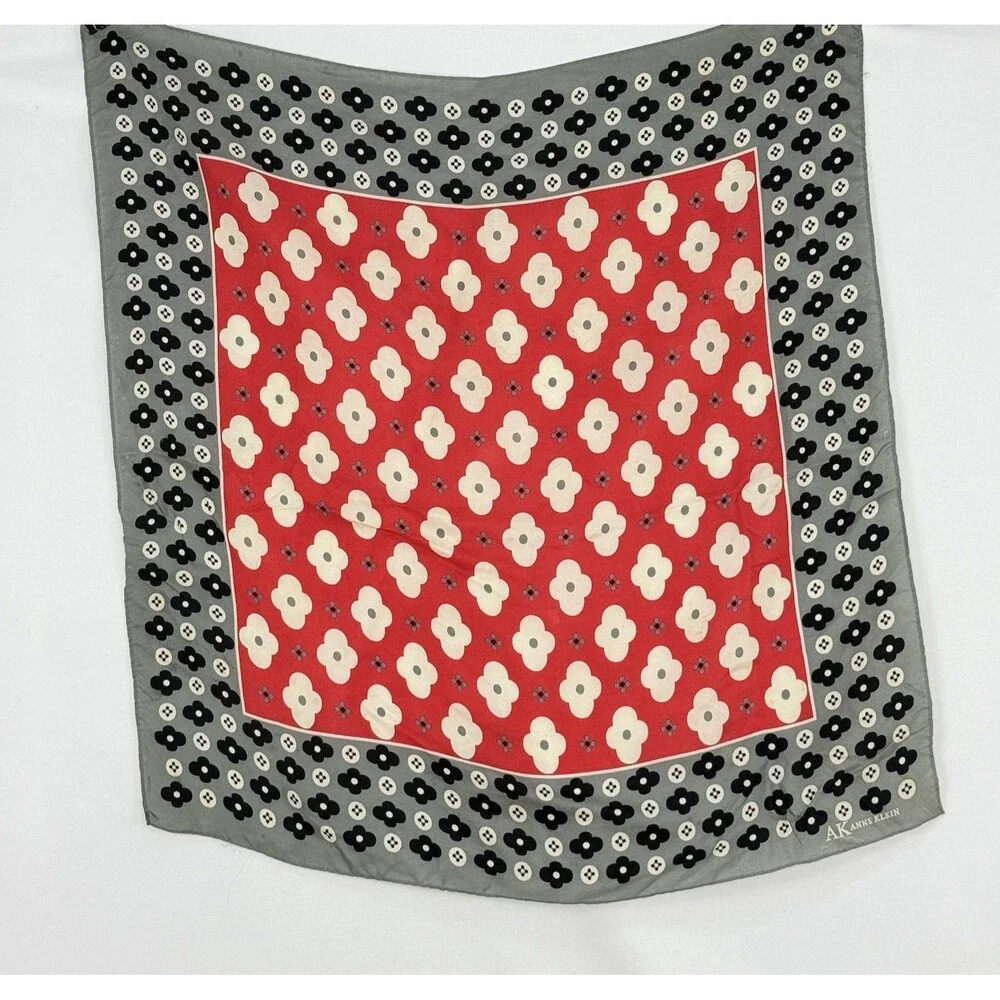 Vintage Red Gray Floral Polka Dot Square Neck Scarf 21x20 Inches